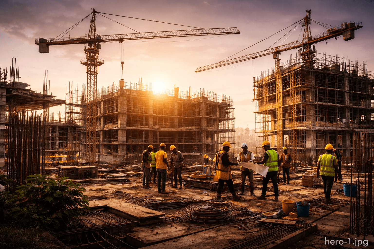 Construction site with equipment and teams